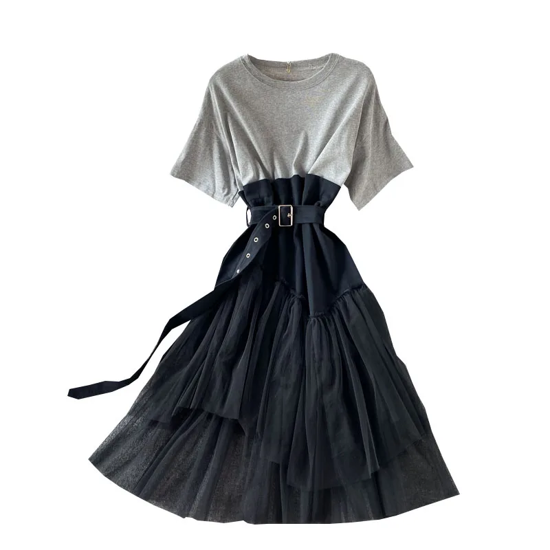 

Fake Two-piece T-shirt Stitching Mesh A-line Dress Women Summer French Short Sleeve Sashes Round Neck Midi Dress Robe Femme Ete