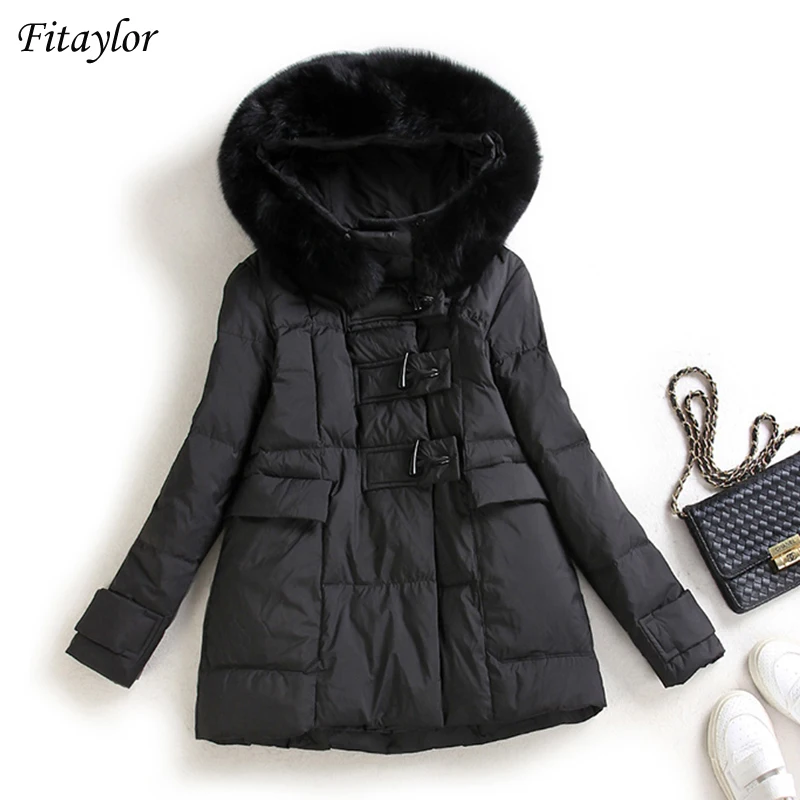 

Fitaylor/зимняя куртка с капюшоном и большим меховым воротником, женское теплое пальто на 90% белом утином пуху, винтажная теплая верхняя одежда ...