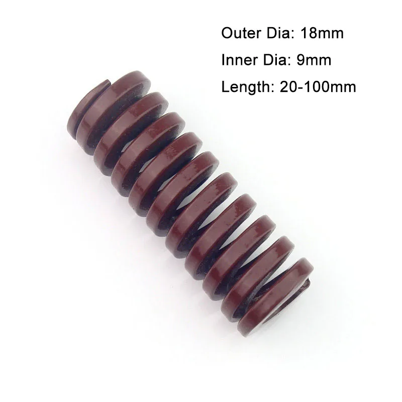 

Пружина сжатия для сверхвысокой нагрузки коричневая, внешний диаметр 18 мм, внутренний диаметр 9 мм, длина 20-100 мм, 1 шт.