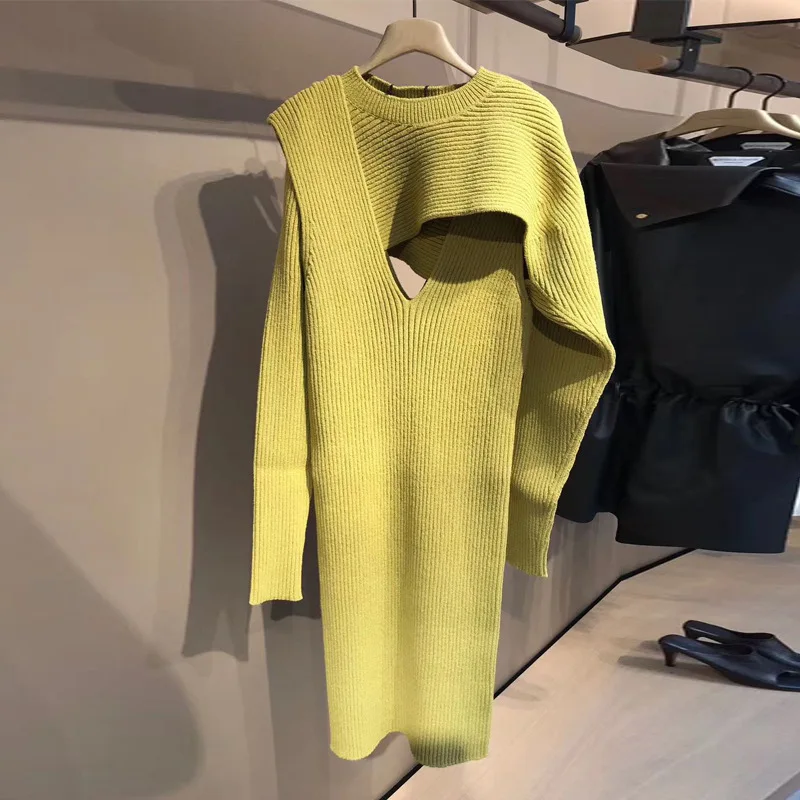 

Minimalist style architectural sculpture sense vertical and horizontal stitching stretch knitted dress