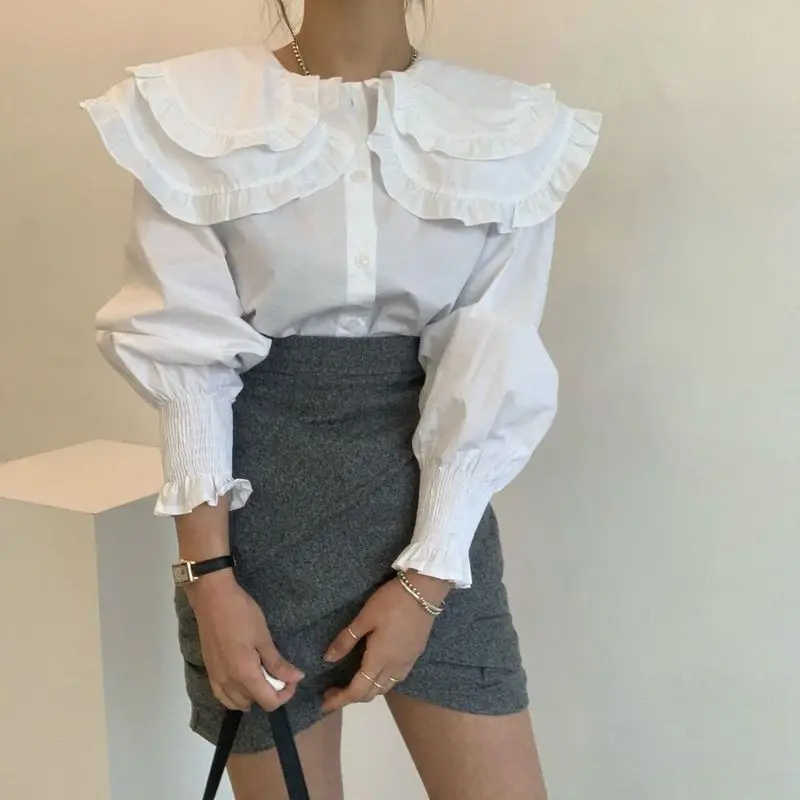 

ZAWAHIKI blue shirts elegant peter pan collar solid 2021 spring blusas mujer sweet korean chic single breasted women blouses