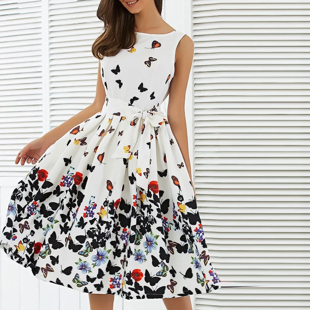 

Women's Sleeveless Floral Butterfly Print Dress Summer Casual Suspenders Waist Strap Bowknot Slim Knee-length Skirt