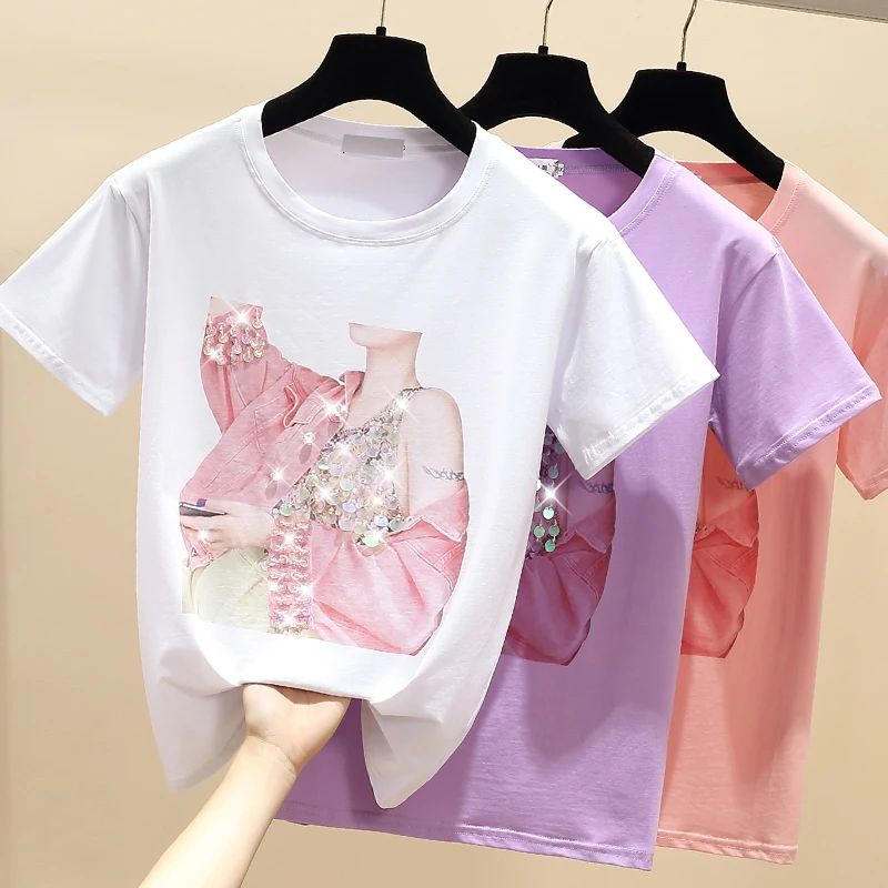 

gkfnmt Summer Short Sleeve T shirt Women Tops Purple Tshirt Cotton Korean Style T-shirt Women Clothes Beading Tee Shirt Femme