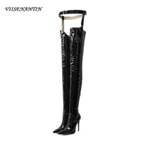 super high heeled nightclub role playing belt rompers stiletto pointed patent leather performance over knee long tube women boot