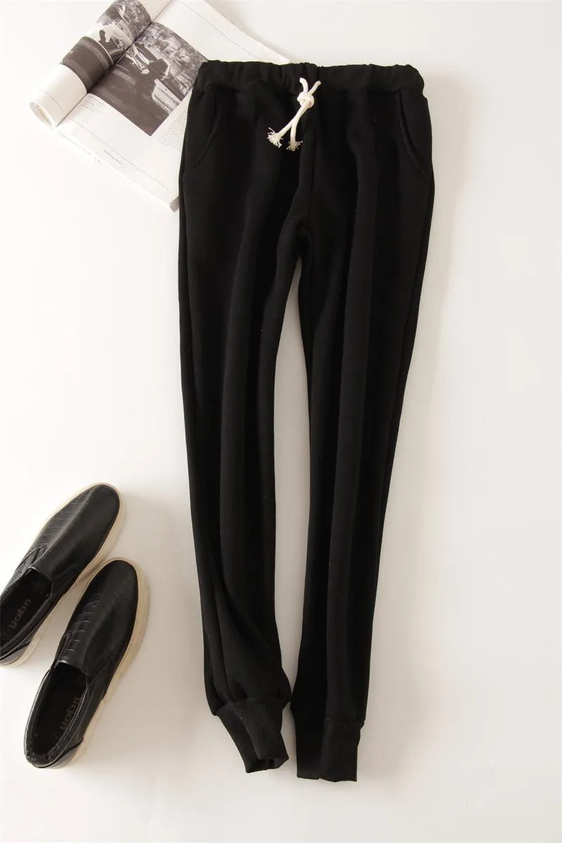 Осенне-зимние женские длинные брюки на шнурке женские Теплые повседневные бархатные шаровары плотные Свободные теплые штаны HK233 - Цвет: Черный