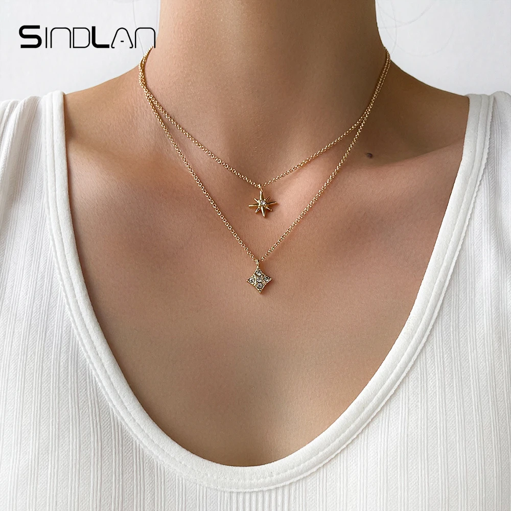 

Sindlan Doule Layer Vintgae Crystal Gold Color Chain Pendants Necklace for Women Kpop Simple Fashion Jewelry Collares Para Mujer