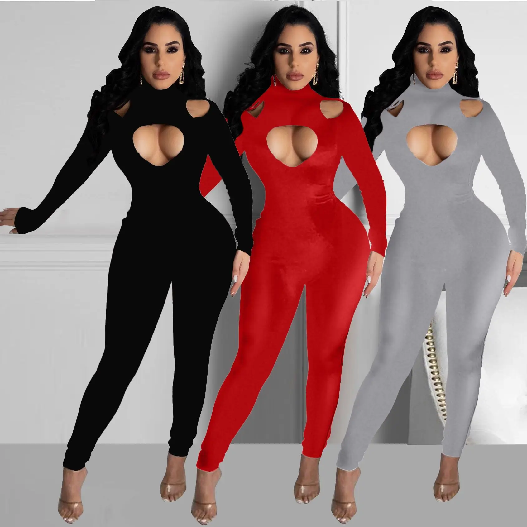 

Woman's Nightclub Onesie Chest Heart Hollow Long Sleeve Pure Color Sexy Pants Jumpsuit Skinny One-Piece Trousers