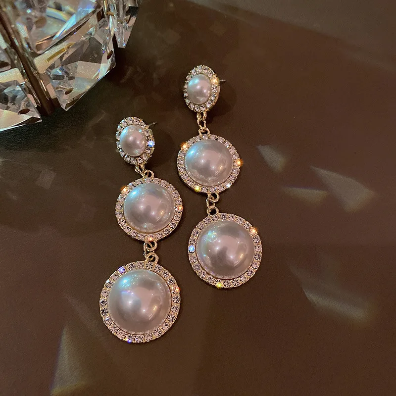

Fashion Women's Accessories Exquisite Exaggerated Rhinestones Imitation Pearl Long Dangle Earrings Temperament Female Jewelry