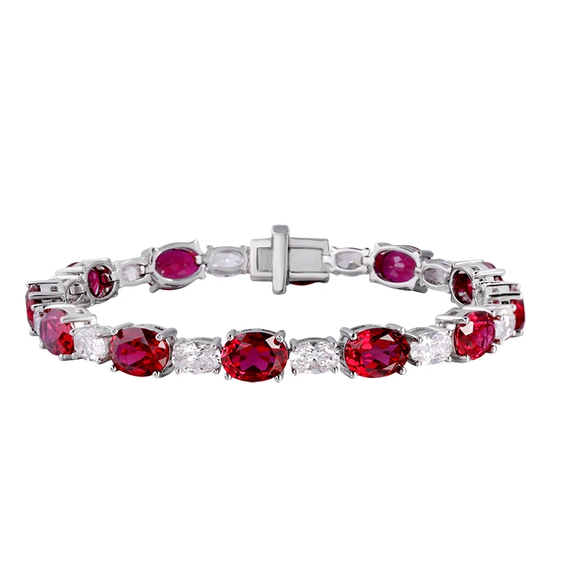 

100% 925 Sterling Silver Oval Pigeon Blood Ruby Diamond Bracelet For Girls Day Gift Exquisite Jewelry
