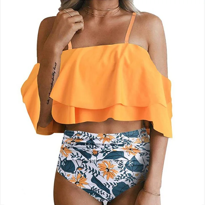 Сексуальное бикини в стиле ретро бандо с принтом рюшами открытыми плечами