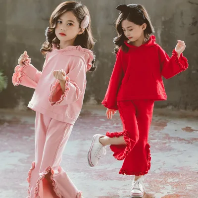 

New spring and autumn 5-10 years old girl fashion female big solid color casual solid color ruffle children's fashion two-piece