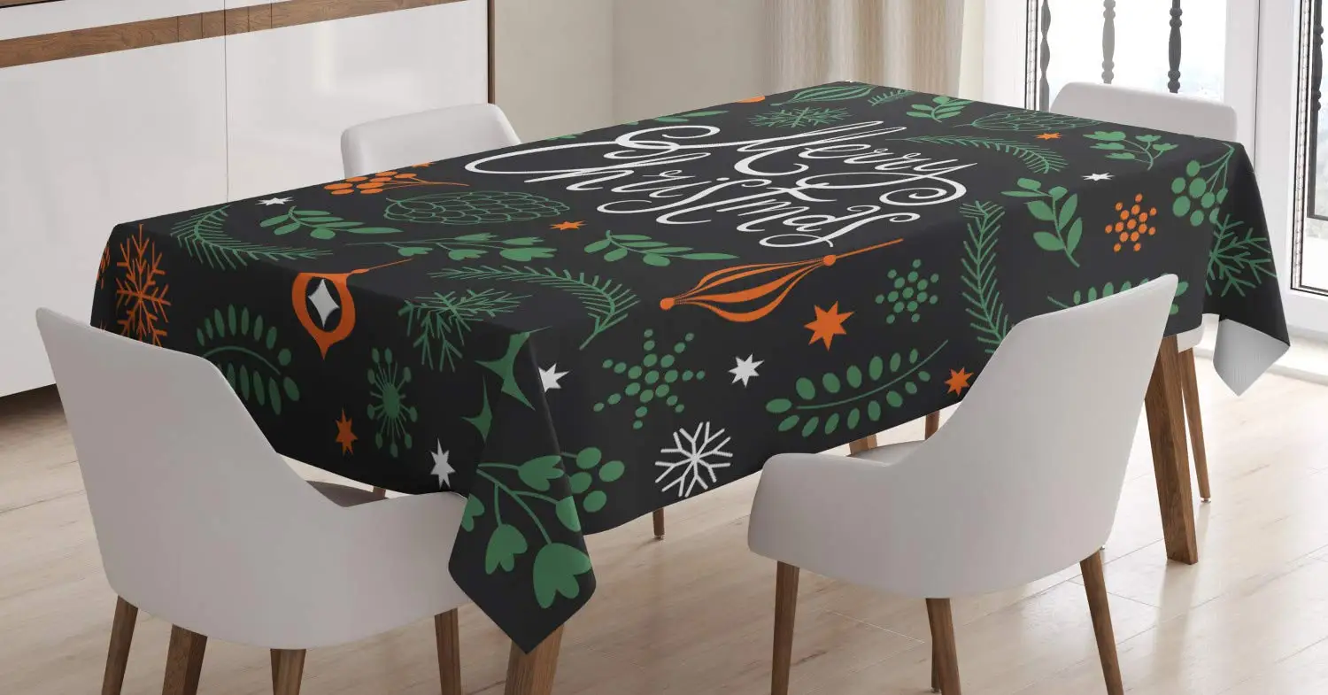 Merry Christmas Tablecloth Xmas Fir Tree Branches Snowflakes and Ornaments Rectangular Table Cover for Dining Room Kitchen Decor | Дом и сад