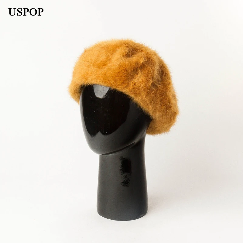 USPOP новые женские береты, одноцветные береты из кроличьей шерсти, женские модные теплые длинные шапки из кроличьей шерсти, толстая зимняя шапка