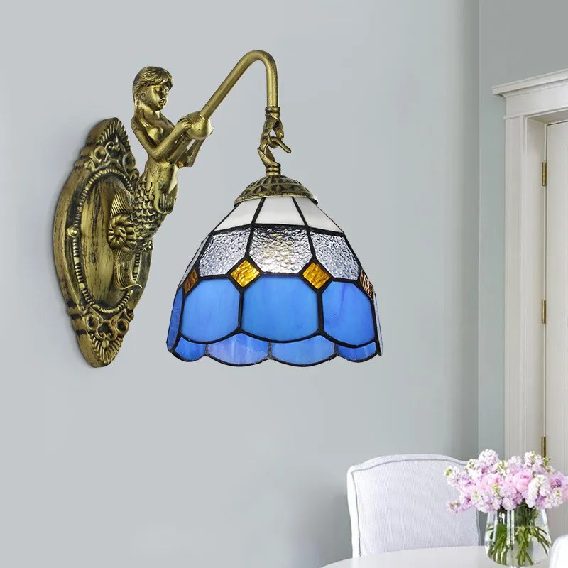 Mediterranean Wall Lamp Single Head European Retro Mermaid Resin Base Living Room Corridor Balcony Garden Bedroom Bedside Lamp