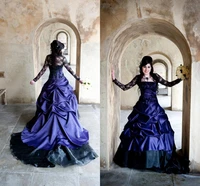 vintage plus size purple gothic wedding dresses with lace sleeve jacket 2020 sweep train offbeat alternative wedding gown