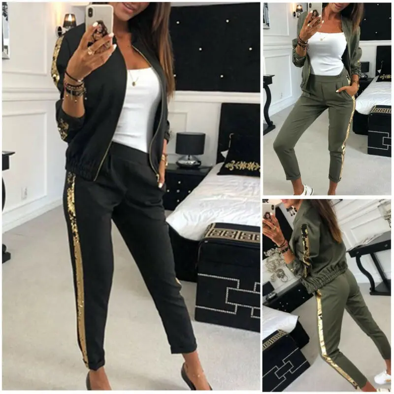 Женский спортивный костюм из 2 предметов комплект модной одежды с блестками на