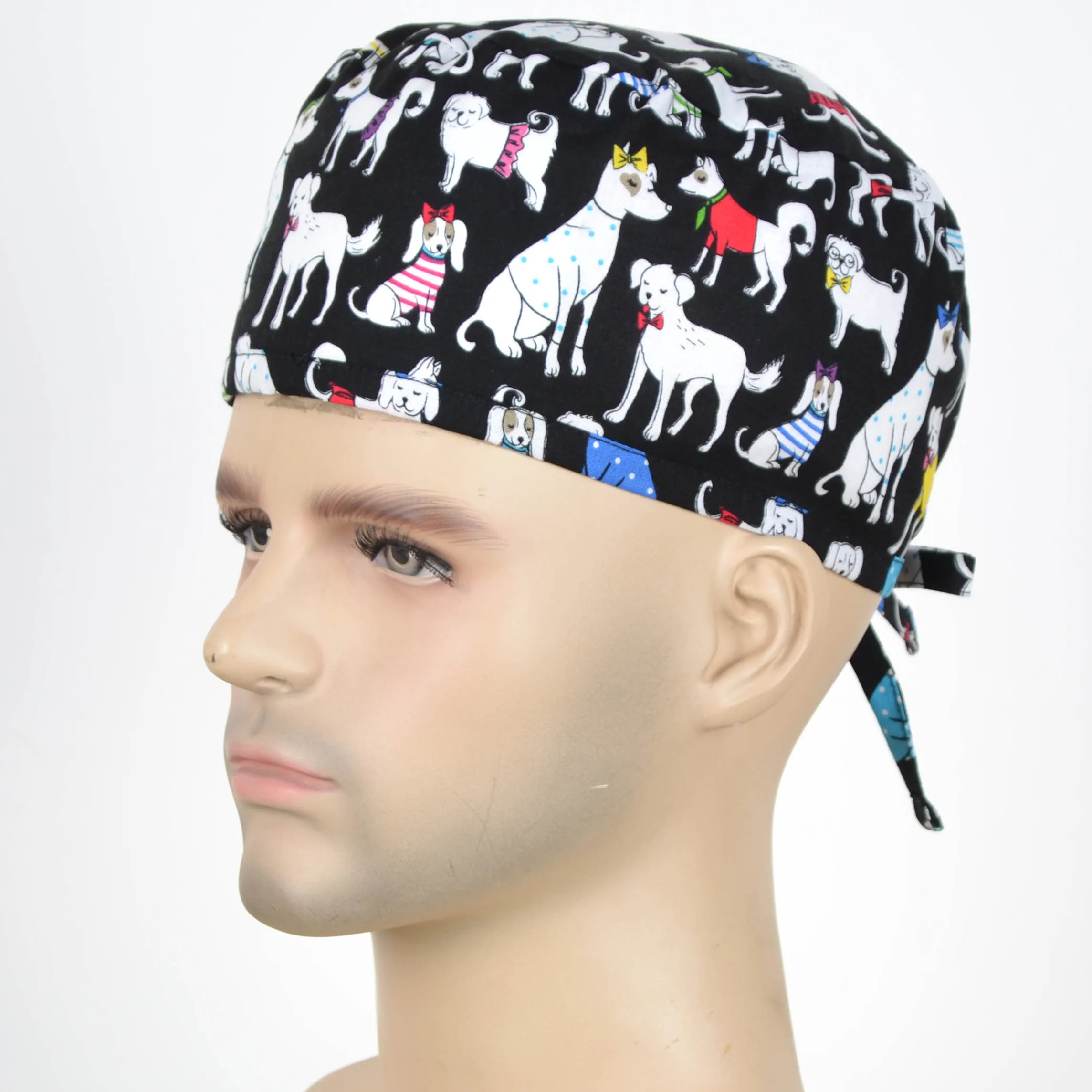 

Men print scrub cap in 100% with tie back band for most of the men head