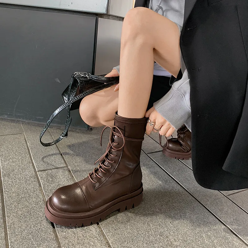 

NORBERG 2020 Women Boots New Autumn Winter Mid-Calf Motorcycle Boots Lace-Up Round Toe Flat with High (5cm-8cm) Cross-tied