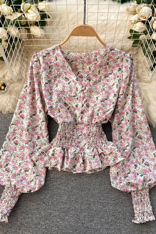 

French Retro Sweet Gentle Style Floral Tops Women's Cross V-neck Puff Sleeve Elastic Slim Waist-Tightening Shirt Blusas Mujer