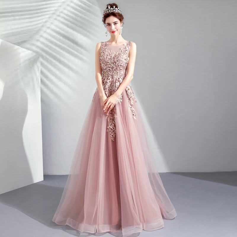 Bespoke Occasion Dresses Illusion A-Line O-Neck Sleeveless Crystal Pearls Lace Tulle Embroidery Pink Women Engagement Gown TS001