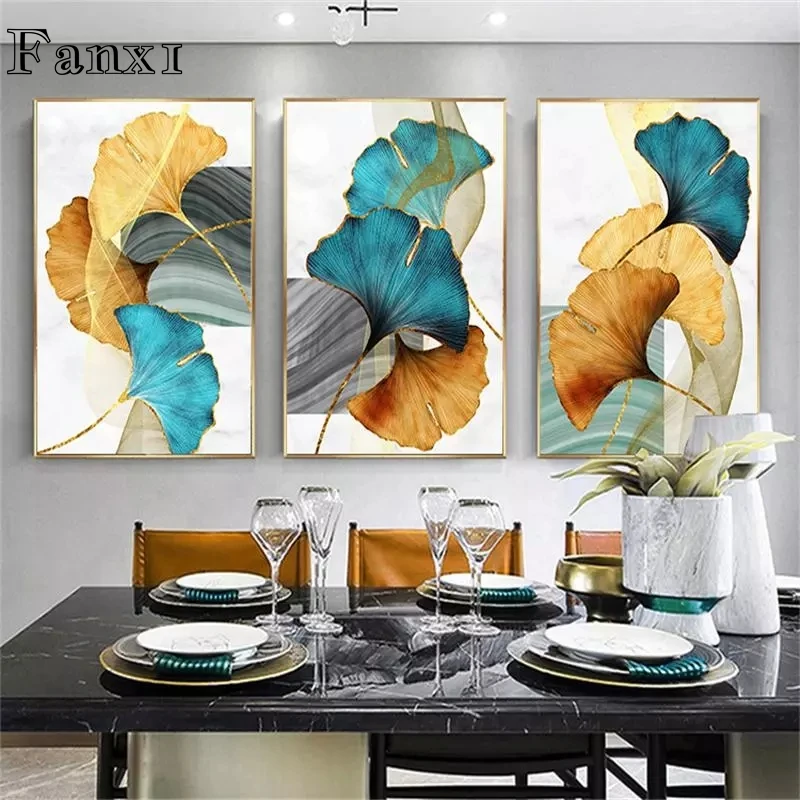 

Blue Green Yellow Gold Plant Leaf Abstract Poster Nordic Canvas Print Wall Art Painting Modern Picture Living Room Decoration