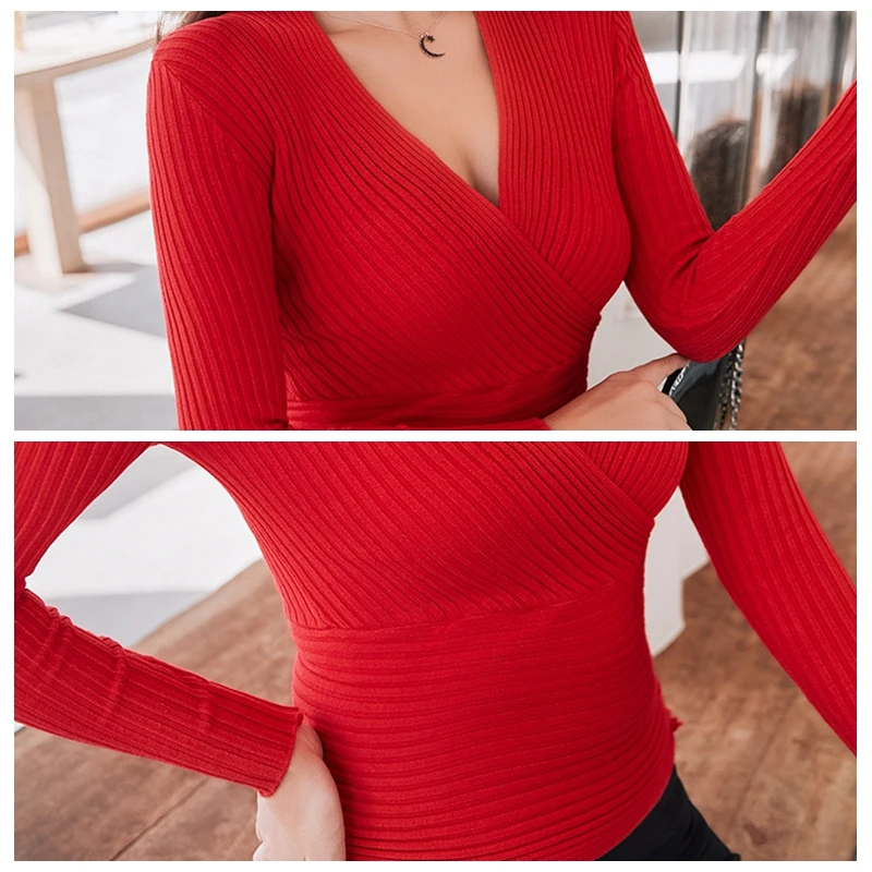 Свитер Женский вязаный эластичный с глубоким V-образным вырезом | Женская одежда