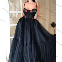 black formal dresses women elegant evening gown robe de soiree sweetheart lace appliques a line floral sleeveless quinceanera