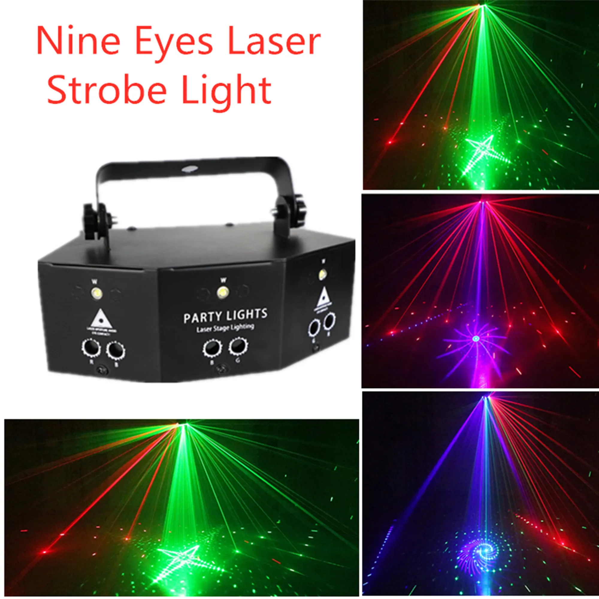 DMX Laser Projection Lamp 9 Eyes Laser Strobe Pattern Remote RGB Night Headlight Projector Light for Dj Disco Club Stage Party