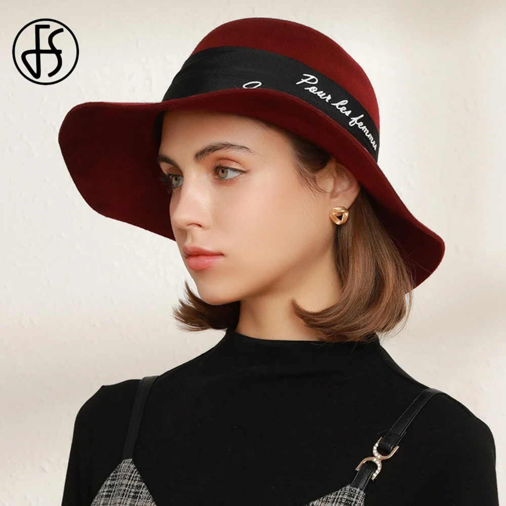 

FS Fashion Lady Wool Felt Dome Fedora Hats For Women Winter Autumn Church Cloche Derby Hat Fedoras Bowler Cap With Letter Ribbon