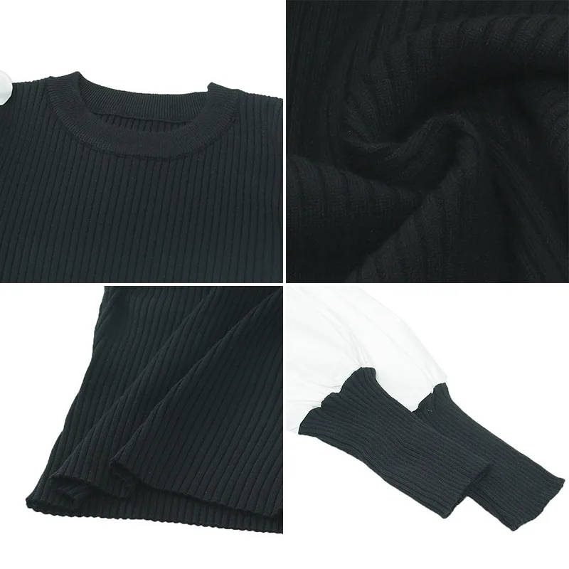 

Spring Autumn Color Patchwork Knitted Sweater Lantern Long Sleeve High Waist Casual Pullover Outerwear T50007