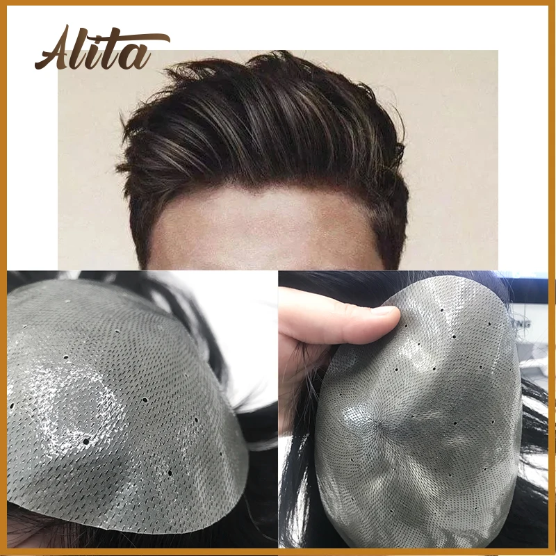 Full PU Base Toupee Men V-Loop Natural Black Simulate Hairpiece 100% Human Hair Replacement System Unit Homme Hair Prosthesis