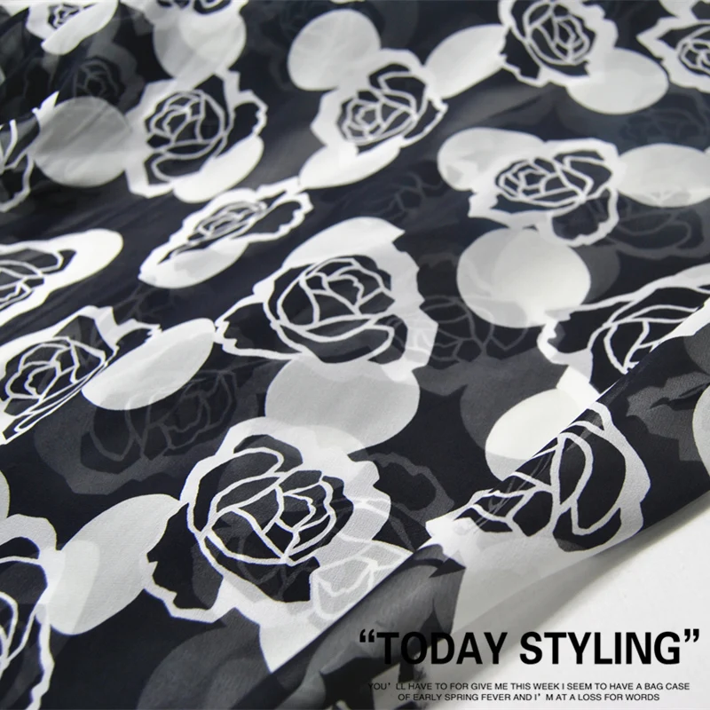 

Silk Georgette Chiffon Fabric Dress Black white Rose flower Large Wide Clothing DIY Patchs Sewing