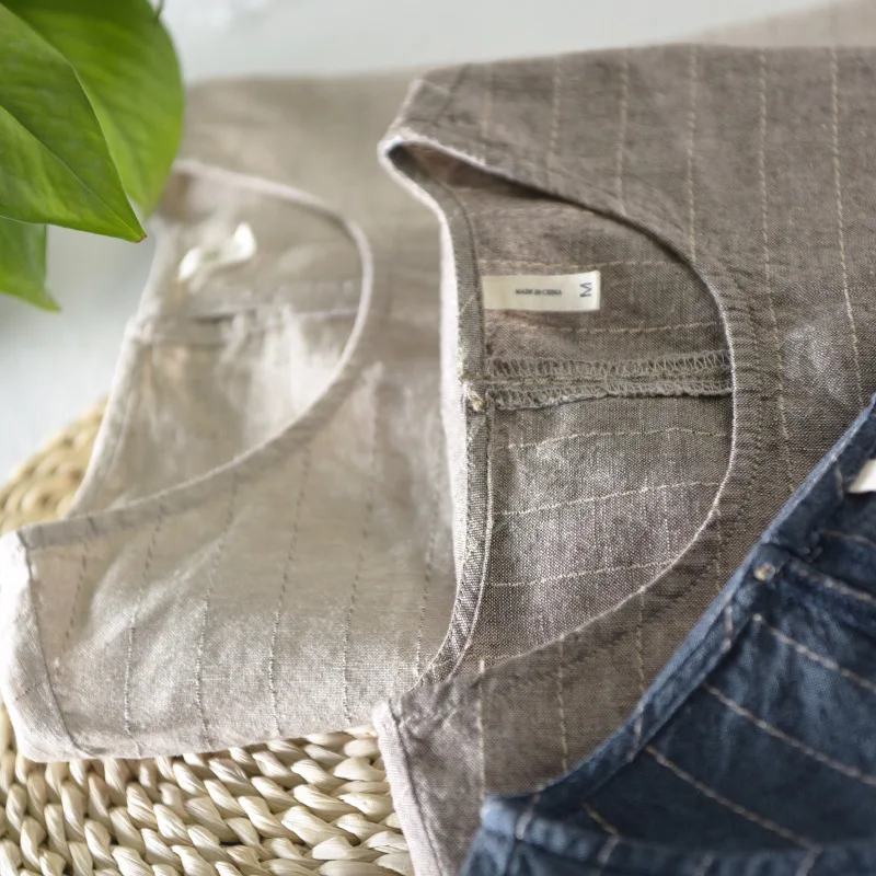 

striped short Men's sleeve t-shirt coffee khaki Navy summer casual t-shirts men linen cotton tees for male tops men