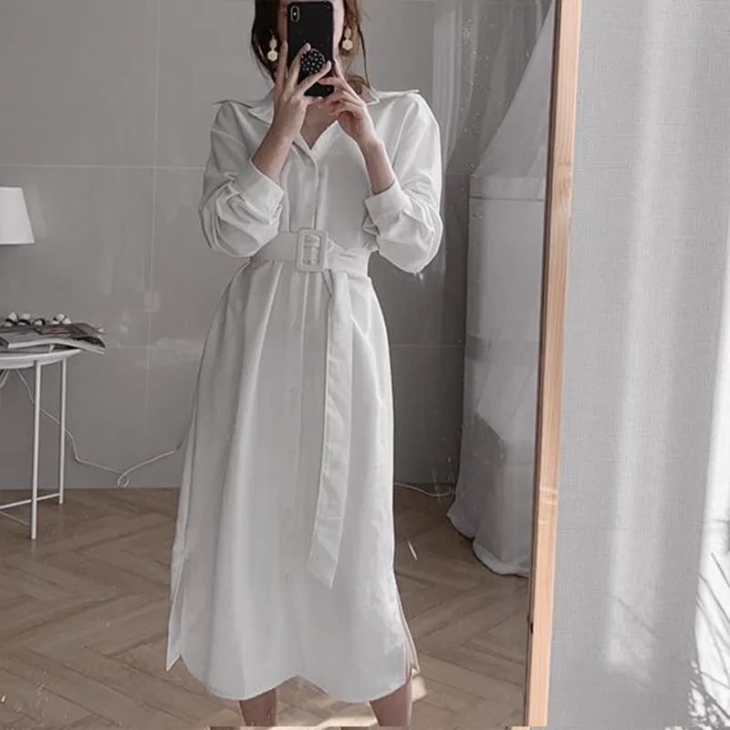 

Korean Chic Minimalist Temperament Lapel Single Breasted Shirt Dress Loose Waistband Long below the Knee Dress