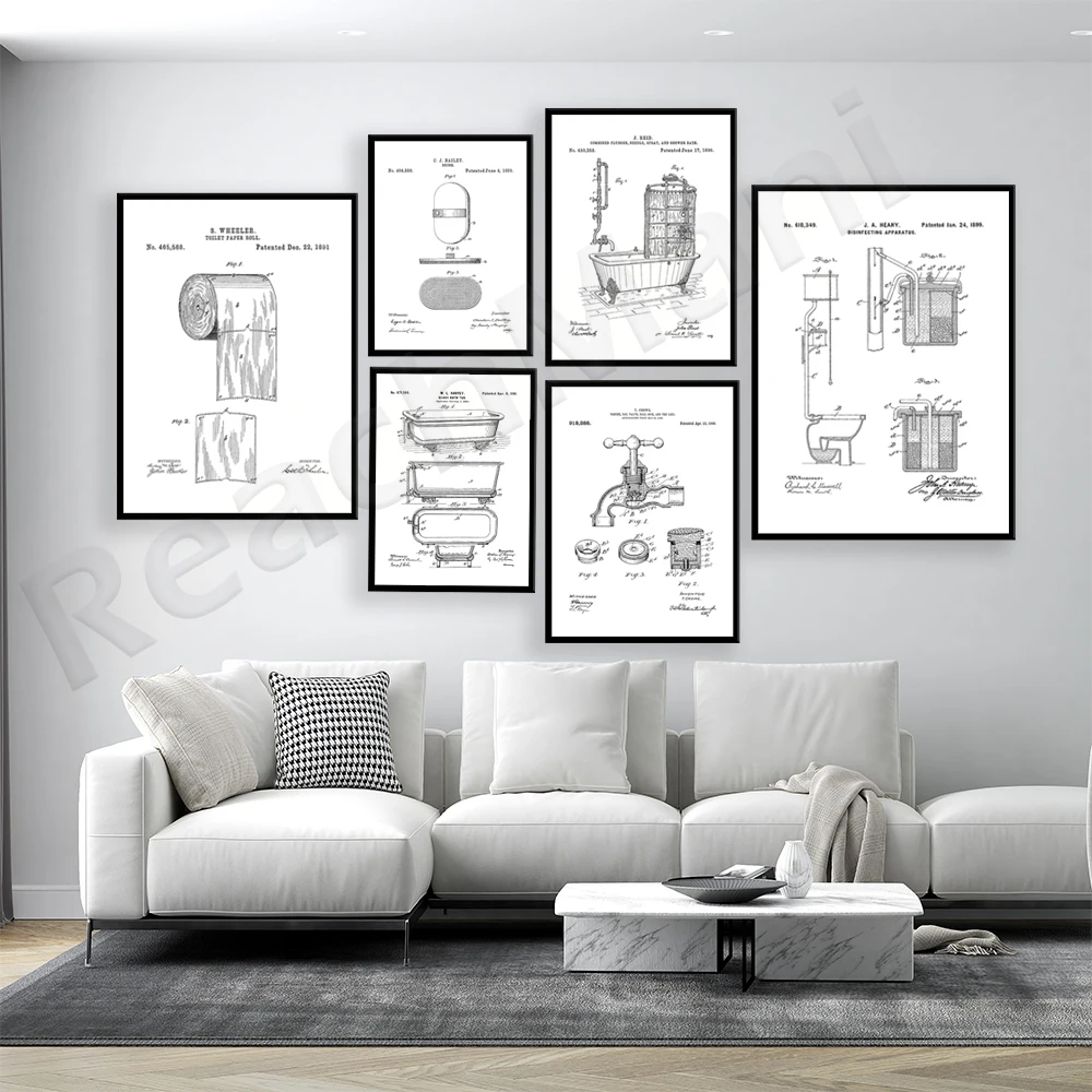 

toilet, shower, toilet paper, faucet, patent drawing black and white print, wall art, bathroom wall decor poster