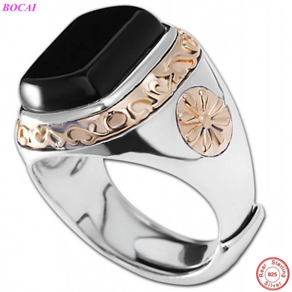

BOCAI 100% Real S925 Sterling Silver Ring 2021 Popular Fashion Retro Totem Black Agate Ornaments Pure Argentum Jewelry Men Women