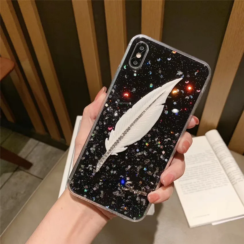 Чехол для телефона с блестками и перьями iPhone 7 6s 6 8 plus X Xr Xs Max задняя крышка