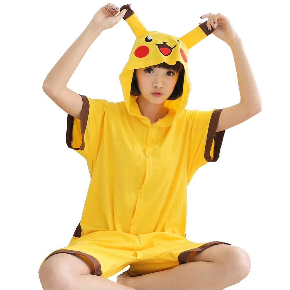 

Summer Women Kigurumi Onesie Yellow Pajamas Cotton Animal Pijama Short Sleeve Hooded Sleepwear Anime Cartoon Costume