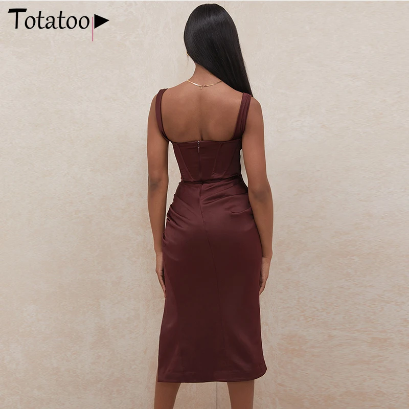 

Totatoop Women Off Shoulder Elegant Faux Silk Dresses High Split Ruched Bodycon Pencil Dresses Vintage Party Wine Red Vestidos