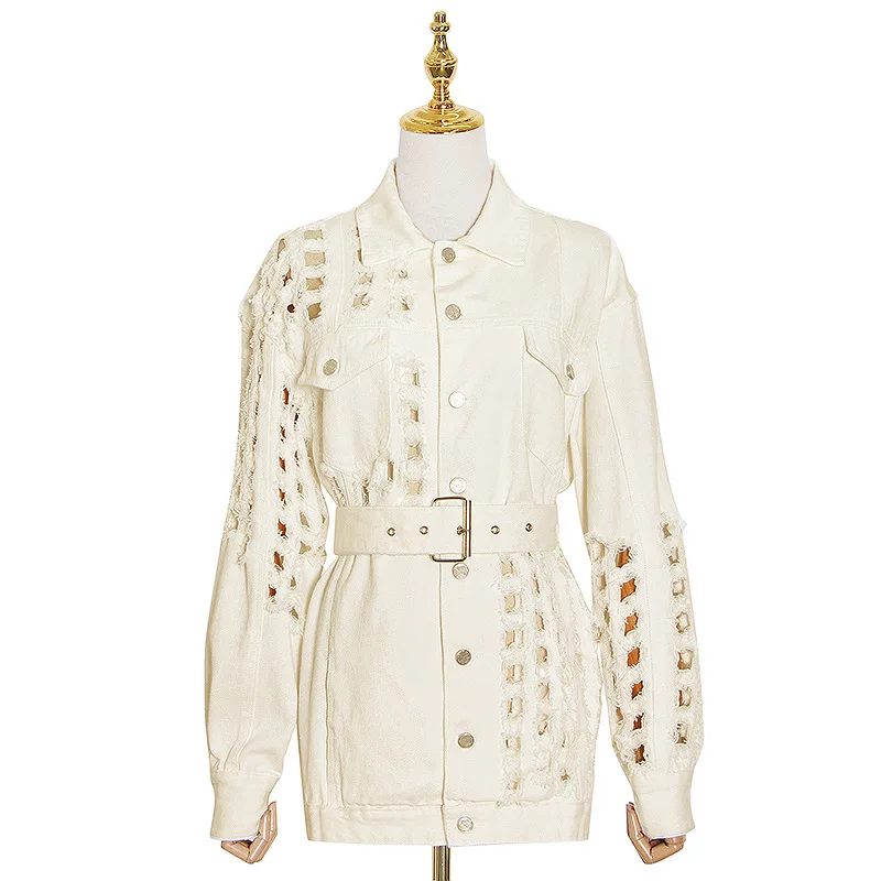 

Denim Jackets 2021 Early Autumn New Personality Wild Hollow Hole Waistband Leisure Medium-Length Jeans Coat