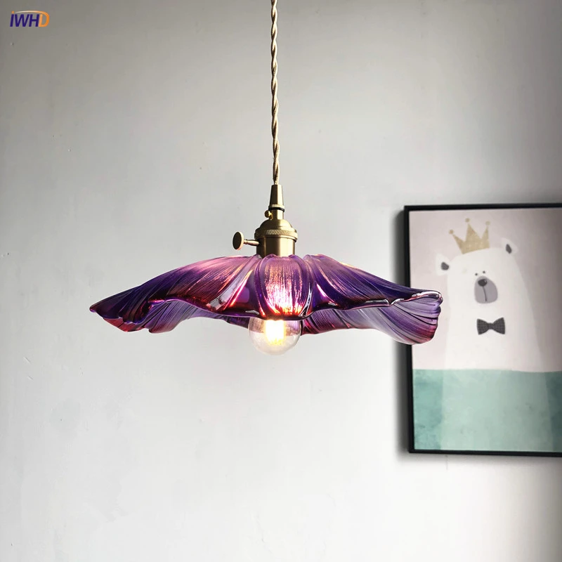 Purple Glass Nordic Pendant Lamp Vintage Fixture For Home Decoration Bedroom Hanging Lamp LED E27 AC 110V-220V Lampara Techo