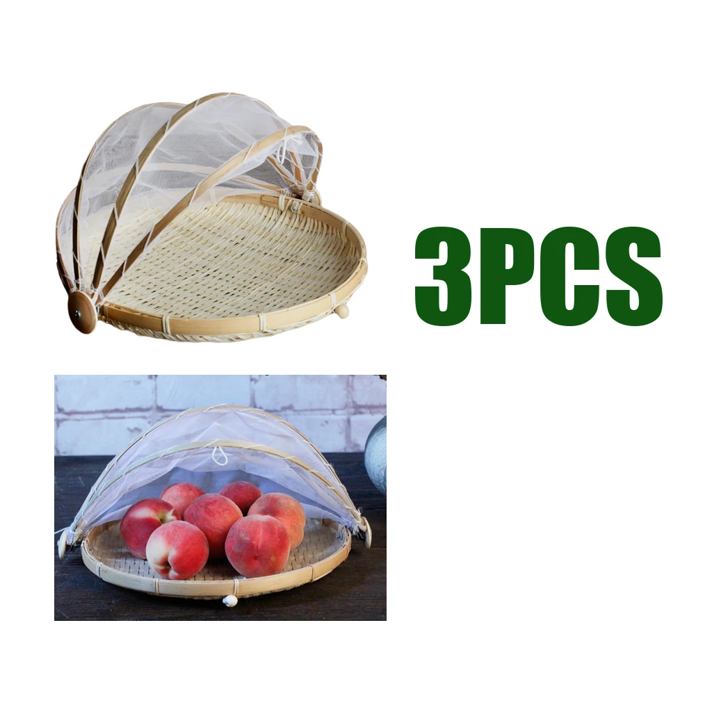 

3x 15" Mesh Cover Dome Bamboo Serving Food Tent Basket _L keep insects away
