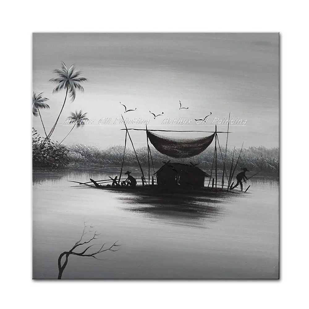 Arthyx ручная работа семья рыбака пепельный черный пейзаж масляная живопись на