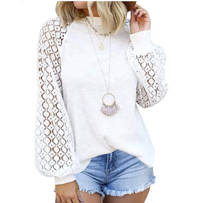 

Chiffon T-Shirt Women Solid Color O-Neck Long Sleeve Fashion Street Wear Style Lace Spring And Autumn Tops For Female