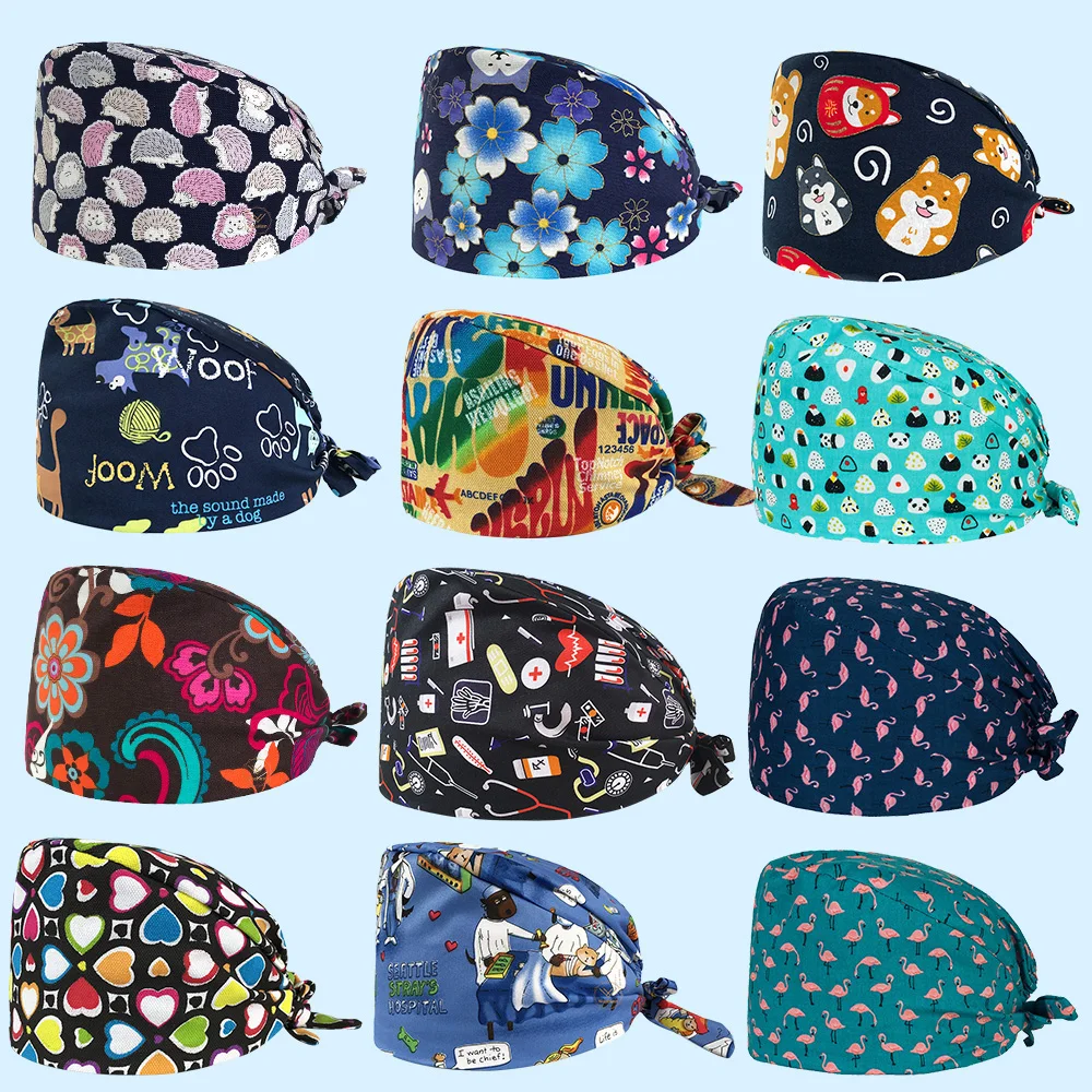 

Unisex laboratory hat High quality Pet grooming work cap animal printing scrubs caps cotton beauty salon work hats new wholesale