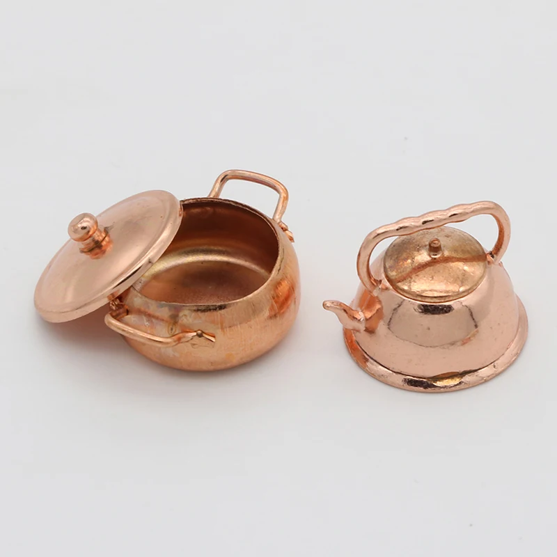 

1:12 Dollhouse Miniature Bronze Frying Pan Pot Kettle Kitchen Cooking Kit Mini kitchen toy model Three-piece copper kitchenware