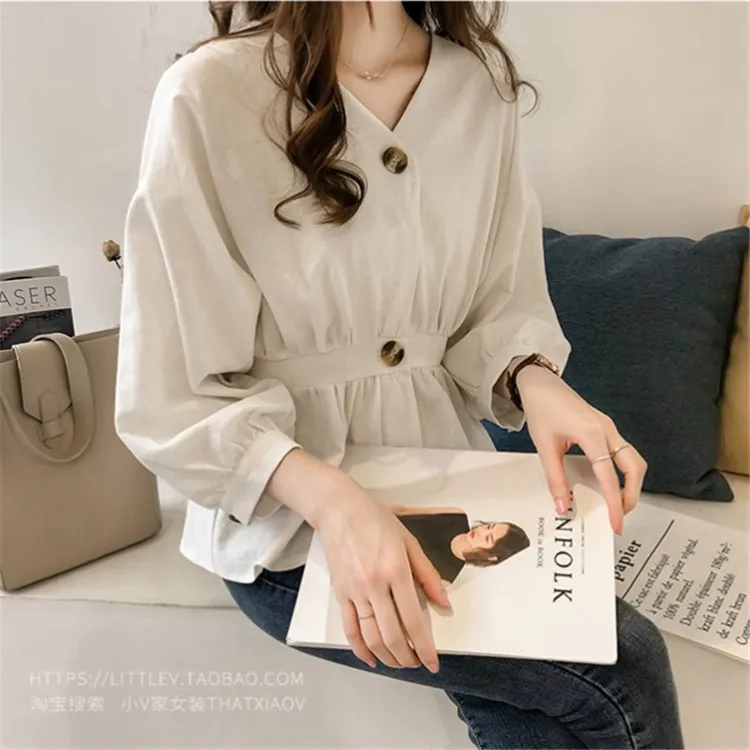 2020 Ранняя весна женская новая темпераментная тонкая рубашка с v образным вырезом