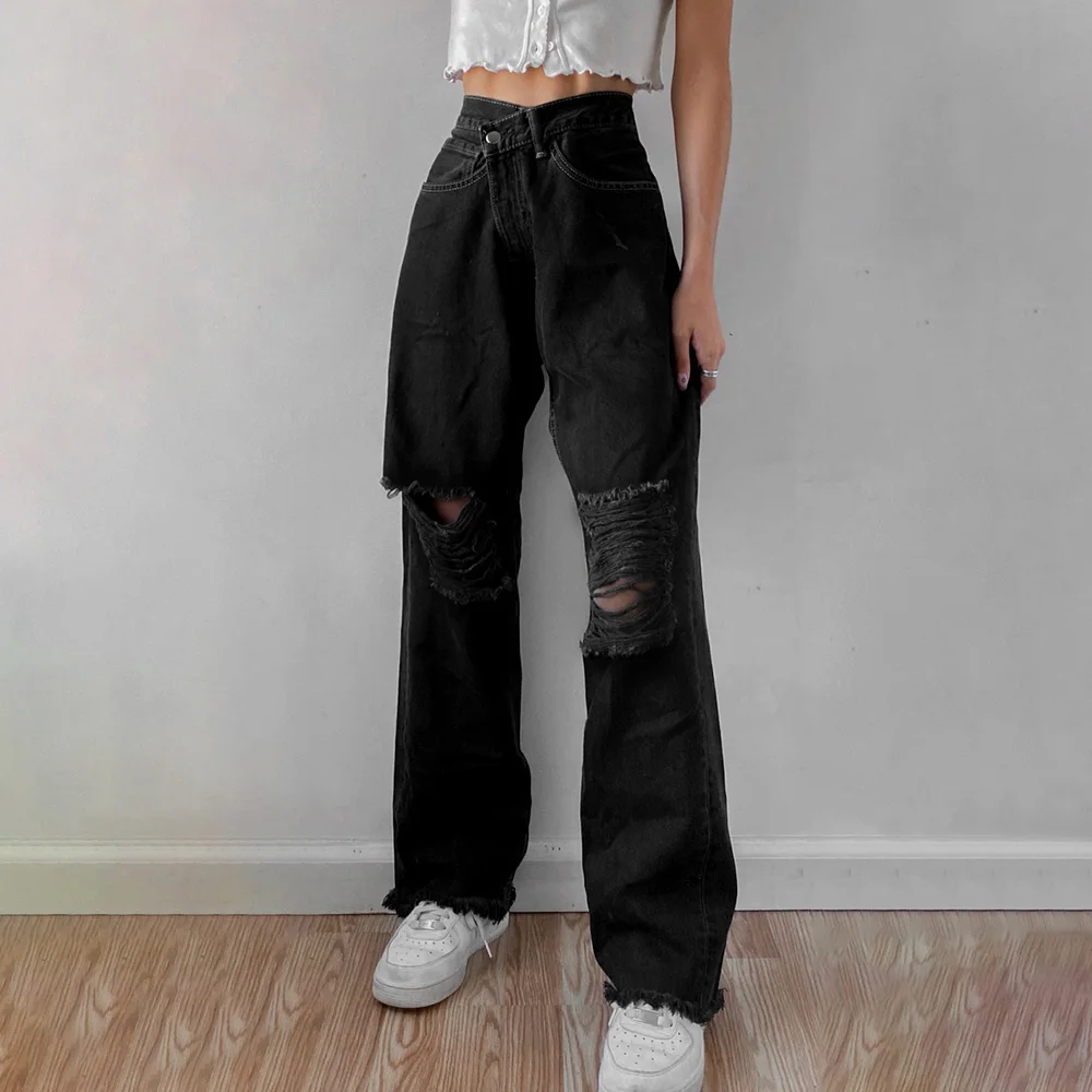 

2021 Fashion Loose Jeans Female High Waist Hole Casual Vintage Straight Trousers Hip Hop Ripped Street Denim Pants