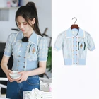 Фирменный дизайн 2020, летняя винтажная двубортная вязаная женская короткая одежда в клетку с отложным воротником и вышивкой, с карманами и короткими рукавами