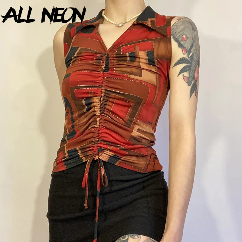 

ALLNeon Y2K Vintage Drawstring V-neck Sleeveless Tank Tops 90s Retro Streetwear Print Turn Down Collar Crop Tops Red Vests Slim